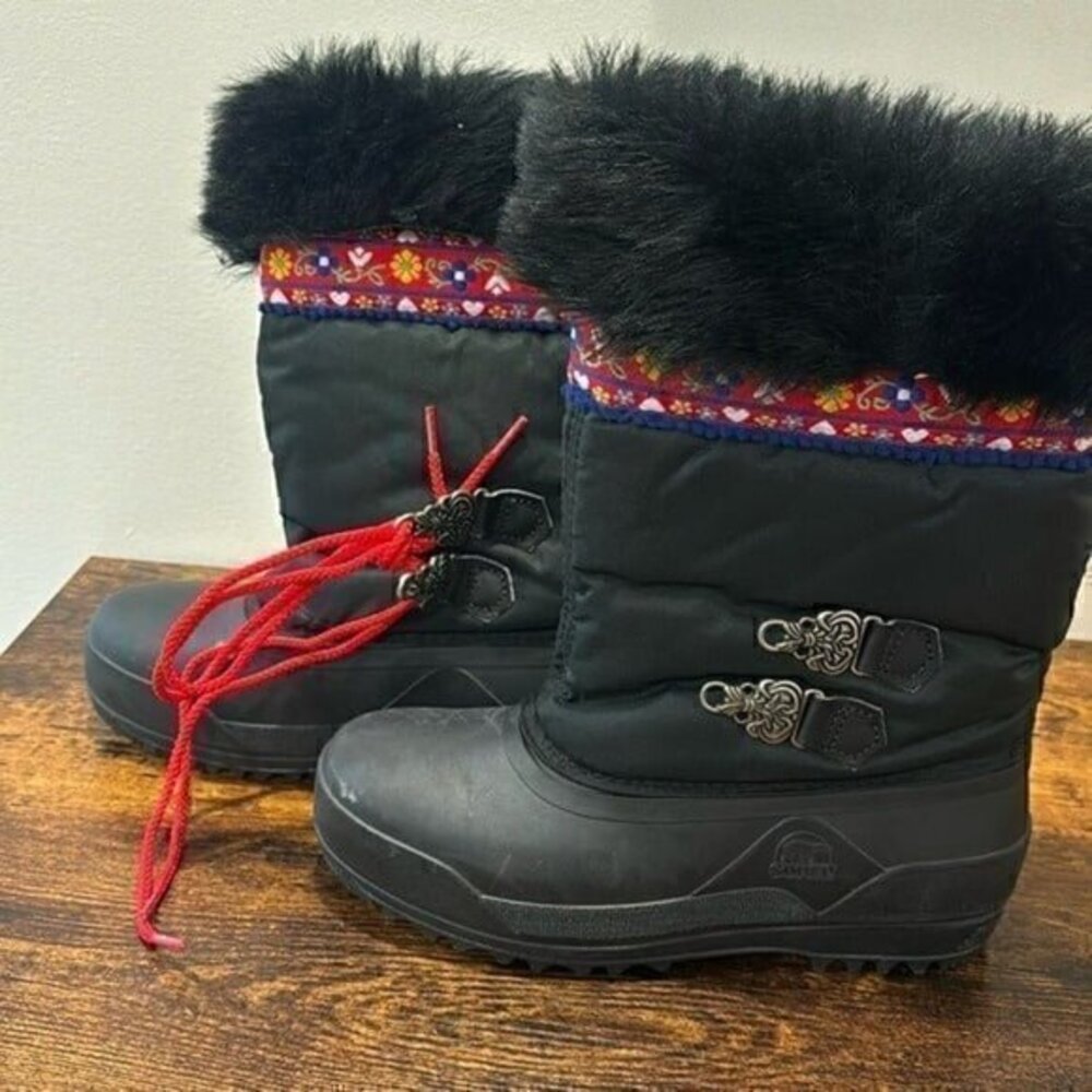 SOREL BLACK WINTER BOOTS YOUTH BIG GIRLS SIZE 5 FLORAL BOHO LINED NWT